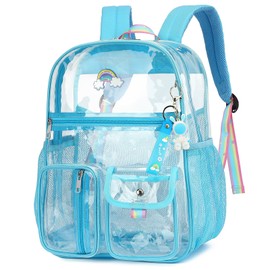 Kouxunt Clear Backpack for Boys Girls Men Women, Heavy Duty PVC See Through Transparen Backpacks for School, Stadium, Concert (Sky Blue)