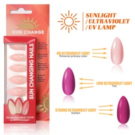 Almond Press On Nails with Color change when exposed to light design Medium Reusable False Nails Colour Changing Fake Nail with Glue (D, Almond)