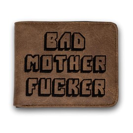 Bad Mother F Ker Wallet Pulp Fiction, Embroidered Tan Synthetic Leather, Men's Bifold (Natural)