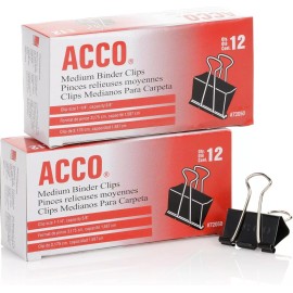ACCO Binder Clips, Medium, Black, 12 per Box, 2 Boxes (72062)