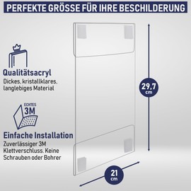 Acrylic Sign Holder Clip On A4 - Portrait or Landscape Clear Wall Frame Perfect for Home, Office, Shop, Shop, Restaurant, with Velcro Wall Mount (A4-3 Pack)