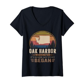 Womens Vintage Oak Harbor Washington Homtown My Story Began V-Neck T-Shirt