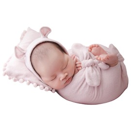 Zeroest Newborn Photography Wraps for Boy or Girl Photoshoot Newborn Photography Props Outfits Baby Knit Wraps Posing Pillow Bear Hat Set of 4 (Baby Pink -01)