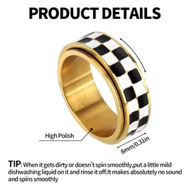 Mikovivi Checkered Fidget Ring, Black White Adults Rotating Spinner Ring Checkerboard Thumb Rotating Rings Gifts for Relaxation Anxiety Fidget Spinner Rings Jewelry for Adults