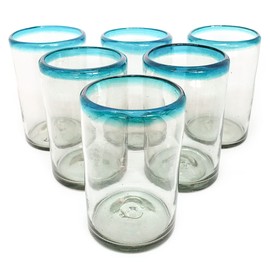 MexHandcraft Aqua Blue Rim 14 oz Drinking Glasses (set of 6) Mexican Handmade Glassware, Recycled Glass, Lead-free, Toxin-Free (Drinking)