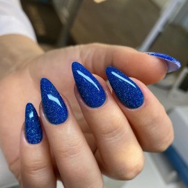 Royal Blue Glitter Press on Nails Almond Shaped Sparkle Medium Almond Nails Press on Acrylic Nails Reusable Fake Nails for Women Glue on Nails Medium Length with Bling Glam Design Stiletto False Nails