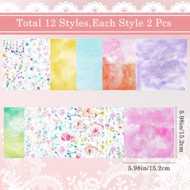 GORGECRAFT 24 Sheets 12 Styles Flower Scrapbook Paper Pad 15.2x15.2cm Watercolor Patterned Decoupage Cardstock Papers Background Supplies for Card Making Writing Journaling Planner Origami Crafts