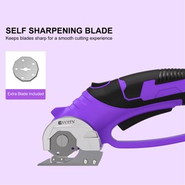 Evcitn Cordless Electric Scissors, Cardboard Cutter with Replacement Self-Sharpening Cutter Blade and Safety Lock, Rotary Cutter with LED Light for Fabric, Carpet, Leather or Plastic, Purple