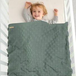 LAWKUL Cable Baby Blankets Crochet Babe Blanket Netural Newborn Receiving Swaddle Blanket for Boy Girl 100x80cm Green