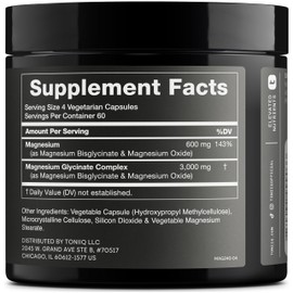 Toniiq 3,000mg Ultra High Strength Magnesium Glycinate - 20% Purified to Contain 600mg of Elemental Magnesium - Chelated and Bioavailable Magnesium Supplement - 240 Veggie Capsules