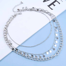 Yienate Punk Layered Coin Necklace Vintage Silver Large Sequin Pendant Necklace Hip-hop Chunky Cuban Chain Choker Rock Statement Necklace Multilayer Disc Necklace Charm Jewelry for Women and Girls