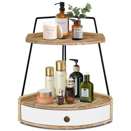 PICKKROSS 2 Tier Bathroom Counter Organizer, Wood Bathroom Tray with Drawer, Corner Storage Shelf for Cosmetic Vanity Tray Kitchen Spice Rack Coffee Station Organizer, Kitchen Organizer and Storage