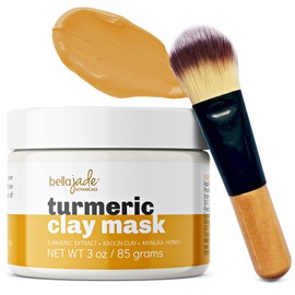 Bella Jade Turmeric Vitamin C Clay Face Mask & Brush for Acne, Hyperpigmentation, Dark Spots and Anti Aging - with Tumeric, Kaolin Clay, Organic Aloe Vera and Manuka Honey