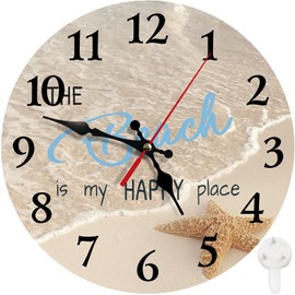 Britimes Round Wall Clock Silent Non-Ticking Battery Operated Clock 10 Inch, Summer Beach My Happy Place Home Decor for Living Room, Bathroom, Bedroom, Kitchen, Office and School