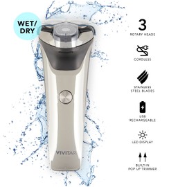 VIVITAR Metallic Cordless 3 Head Rotary Shaver, Cordless Electric Rotary Shaver for Men with Three Independently-Floating Heads, Pop-up Trimmer, and Stainless Steel Blades for Wet and Dry Uses