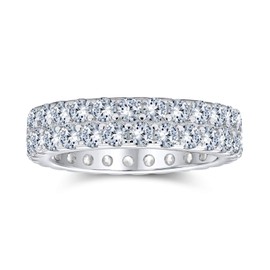 Classic Traditional Bridal Two Row Pave Cubic Zirconia CZ Anniversary Eternity Wedding Band Ring For Women .925 Sterling Silver Rhodium 5MM Wide