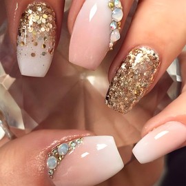 Coffin Press on Nails Short Fake Nails Light Pink & White Gradient Glue on Nails Golden Sequins Rhinestons Pearl Designs False Nails Press ons Artificial Acrylic Nails for Girls 24Pcs
