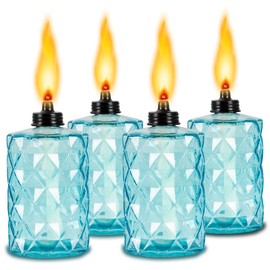 Glass Table Top Torches, 4 Pack Blue Citronella Torches for Outside, 12oz Flame Light Torch,Refillable, Wick and Cap Included, Landscape Lanterns Torches for Garden Yard Patio Party Decor