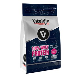 VITALDIN SPORT 100% Whey Protein Strawberry 500 g - 100% Whey Protein Powder with Digezyme - Muscle Building & Regeneration - Strawberry Flavour - 6.7 g BCAA per Serving - No Added Sugar