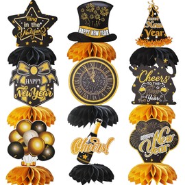 TiAaihion 9pcs Happy New Year Table Decorations, New Year's Eve Party Supplies, 2025 Honeycomb Centerpieces, Gold and Black Party Decor for Home Office School