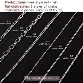 Nail Chain Charms, 6 Styles 3D Metal Nail Art Chain, Silver Nail Chain Decoration, Glitter Nail Art Design Chains Punk Nail Studs Jewelry Accessory Nails Supply for Women DIY Manicure Tips Decor