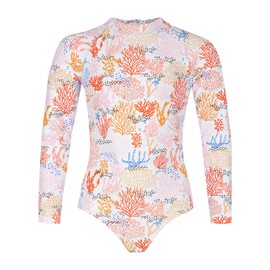 Tame the Sun Long Sleeve Girls Swimsuit - Rash Guard One Piece Bathing Suit - UPF 50+ Zipper Girls Swimwear (Coral, 6)