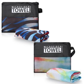 Microfibre Beach Towels for Adults Women Men Extra Large Lightweight Quick Dry Sand Free Travel Towel Double Sided Printing for Swim Sports with Mesh Bag 80×180cm Tropical Flowers + Colorful 2 Pack