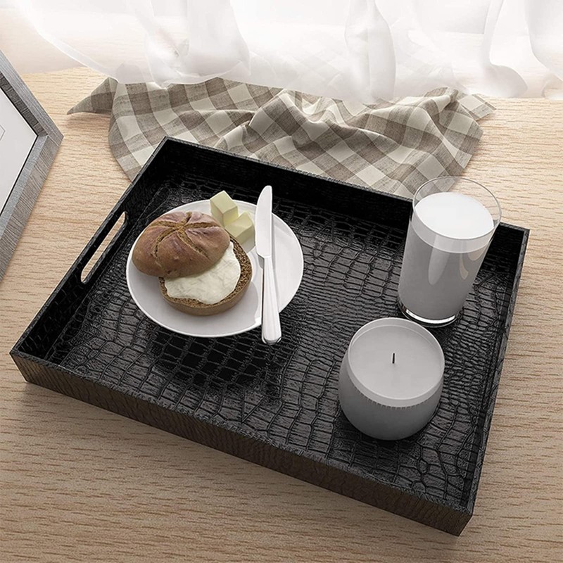 Lyellfe Black Serving Tray with Handles, Decorative Ottoman Tray in