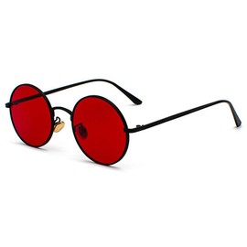 Inlefen Unisex Sunglasses, Round Retro Vintage Style Sunglasses with Coloured Metal Frame - black red