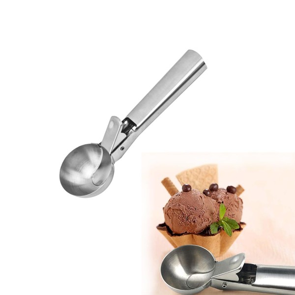 ASYKNM Stainless steel ice cream scoop - precise portioning of ice cream, biscuits etc. with ice ball and biscuit scoop, ice cream spoon and ice cream ladle. Length: 18.2 cm, width: 4.9 cm.