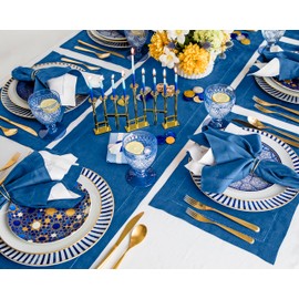 Solino Home Linen Indigo Blue Table Runner 48 Inch - 100% Pure Linen Classic Hemstitch Short Table Runner 14 x 48 Inch Ideal for Dresser and Coffee Tables - Spring, Mothers Day, Easter Decorations