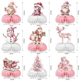 9 Pcs Pink Christmas Honeycomb Centerpieces,Christmas Party Centerpieces 3D Pink Christmas Decor with Snowman Santa Reindeer Christmas Tree Christmas Table Ornament for Holiday Party Supplies