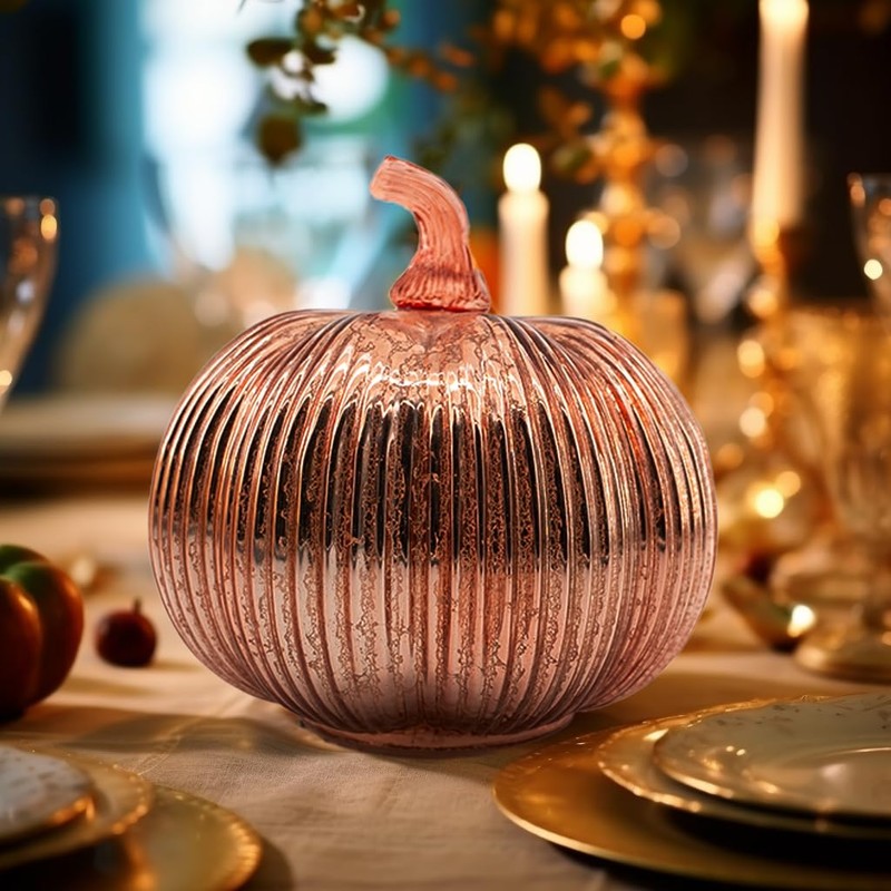hvfun Rosegold Thanksgiving Decorative Artificial Pumpkins-Mercury Glass Light up Pumpkin