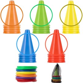 Juego de Carnaval 40Pzs, Juego Lanzamiento de Aros con 20 Marcadores Conos Suave de Fútbol, 20 Anillos y Bolsa de Malla Transporte, Juegos Exterior para Jardín Patio Fiesta Familiar Cumpleaño Escuela
