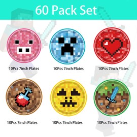60Pcs TNT Game Plates 7inch Mine Game Paper Plates for Kids Party Plates,Disposable Miner Gaming Paper Plates Round Paper Dinner Plate,Video Game Dinnerware for Kids Boy Girl Birthday Tableware Décor