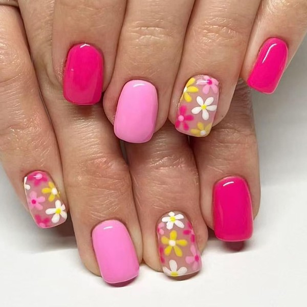 24Pcs Pink Flower Press on Nails Square Short Fake Nails