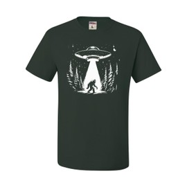 Medium Forest Green Mens UFO Capturing Bigfoot in The Forest Funny Sasquatch T-Shirt