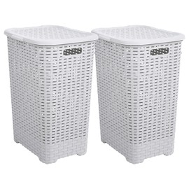 Superio Laundry Hamper with Lid 60 Liter Ivory (2 Pack) Plastic Wicker Large Hampers Basket with Cutout Handles, Deluxe Bin to Storage Dirty Cloths in Washroom Bathroom