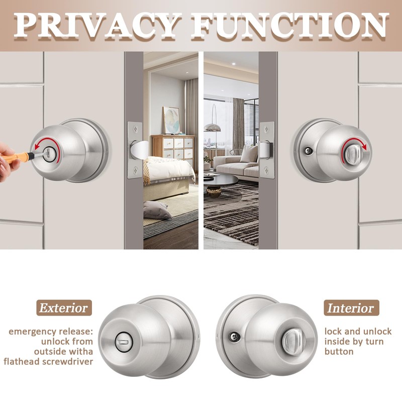 Probrico 10 Pack Bed/Bath Room Round Door Knob,Privacy Function for