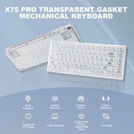 YUNZII X75 PRO 82 Key Wireless Hot Swappable Mechanical Gaming Keyboard with Transparent Keycaps,BT5.0/2.4G/USB-C, Gasket Mount Keyboard,for Windows/Mac (Crystal Ice Switch, Wireless-White)