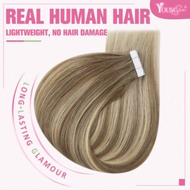 YoungSee Tape in Hair Extensions Ombre 14In Seamless Tape in Human Hair Extensions Light Brown Balayage Blonde Human Hair Tape in Extensions 50g Ombre Glue in Extensions Silky Straight 20pcs