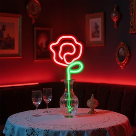 Rose Neon Sign - Red rose Flower with Green Stem Neon Art Wall Decor USB or 3-AA Battery Powered Operated for Girls Bedroom Birthday Gift Party Wedding Rose Lights for Bedroom (Red)