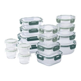 COOK WITH COLOR Premium 32-Pc. Borosilicate Glass Food Container Set with Dividers - 4 Rectangles, 8 Rounds, 4 Squares - Leakproof Lids - Meal Prep, Storage, Fluted Ombre Green