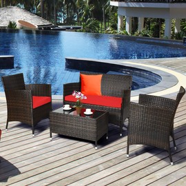 Goplus 4-Piece Rattan Patio Set, Outdoor/Indoor Wicker Conversation Set for Pool, Backyard, Lawn, Wicker Chairs and Sofa with Soft Cushion, Rattan Furniture with Tempered Glass Coffee Table