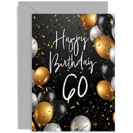 Premium 60th Birthday Card with Envelope for Him Her - Gold and Black Balloons Birthday Card for Men Women - Special Age 60 Years Old Birthday Card for Friends or Family | Blank Inside