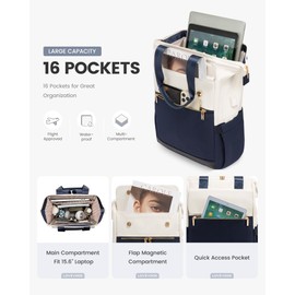 LOVEVOOK Laptop Backpack for Women, 15.6 Inch Work Laptop Bag with USB Port, Fashion Teacher Nurse Backpack Purse, Waterproof Travel Computer Backpack with Organizer Bag, 2PCS, Beige-Blue