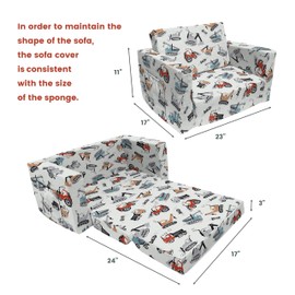 fond + found Kids Sofa Couch, Children's 2 in 1 Convertible Sofa to Lounger - Extra Soft Flip Open Chair & Sleeper, Truck Excavator Car Printed Toddler Chairs Kids ouch Bed for Boys Girls