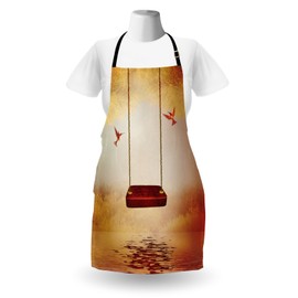 Ambesonne Hummingbirds Apron, Red Hammock and Hummingbird in a Peaceful Lake Fantasy Scene, Unisex Kitchen Bib with Adjustable Neck for Cooking Gardening, Adult Size, Orange Burgundy