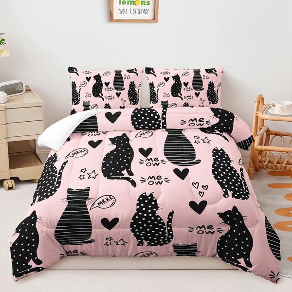 AILONEN Black Cat Comforter Set Queen Size,Pink and Black Soft