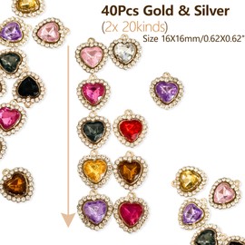 hongliang 40Pcs Heart Rhinestones And Gems For Bedazzling - Metal Flatback Rhinestone Charms For Jewelry Making Supplies DIY Crafts - Heart Charms Embellishments For Costume Dress Wedding Decor